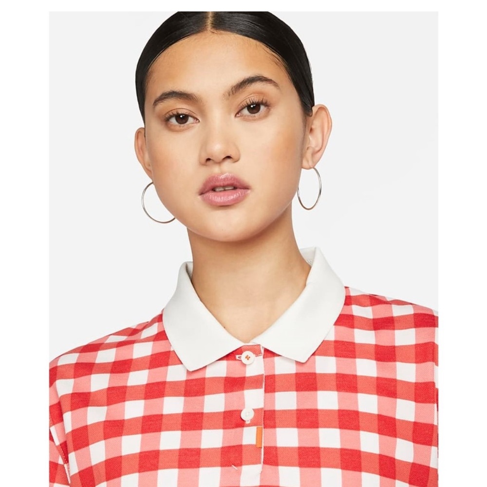 The Nike Polo Golf Dri-Fit Red White Plaid Loose Fit Cropped Polo Shirt Top L - Picture 3 of 14